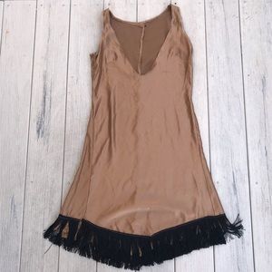 Custom Gold Sheeny Dress with Black Tassel Hem